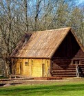 Log house on a meadow by a forest in the spring